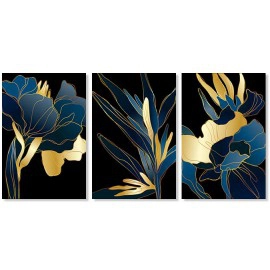 Tablouri living 3 piese auriu albastru
