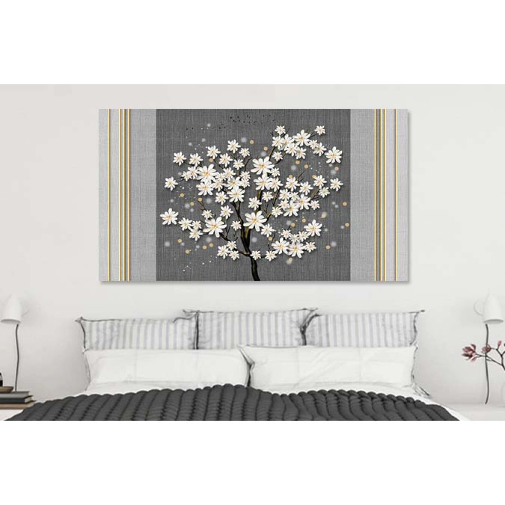 Tablou copac cu flori albe si linii aurii
