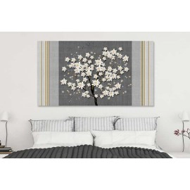 Tablou copac cu flori albe si linii aurii