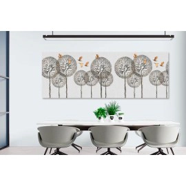 Tablou abstract peisaj copaci pasari auriu cupru