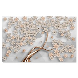 Tablou abstract copac flori gri-maro