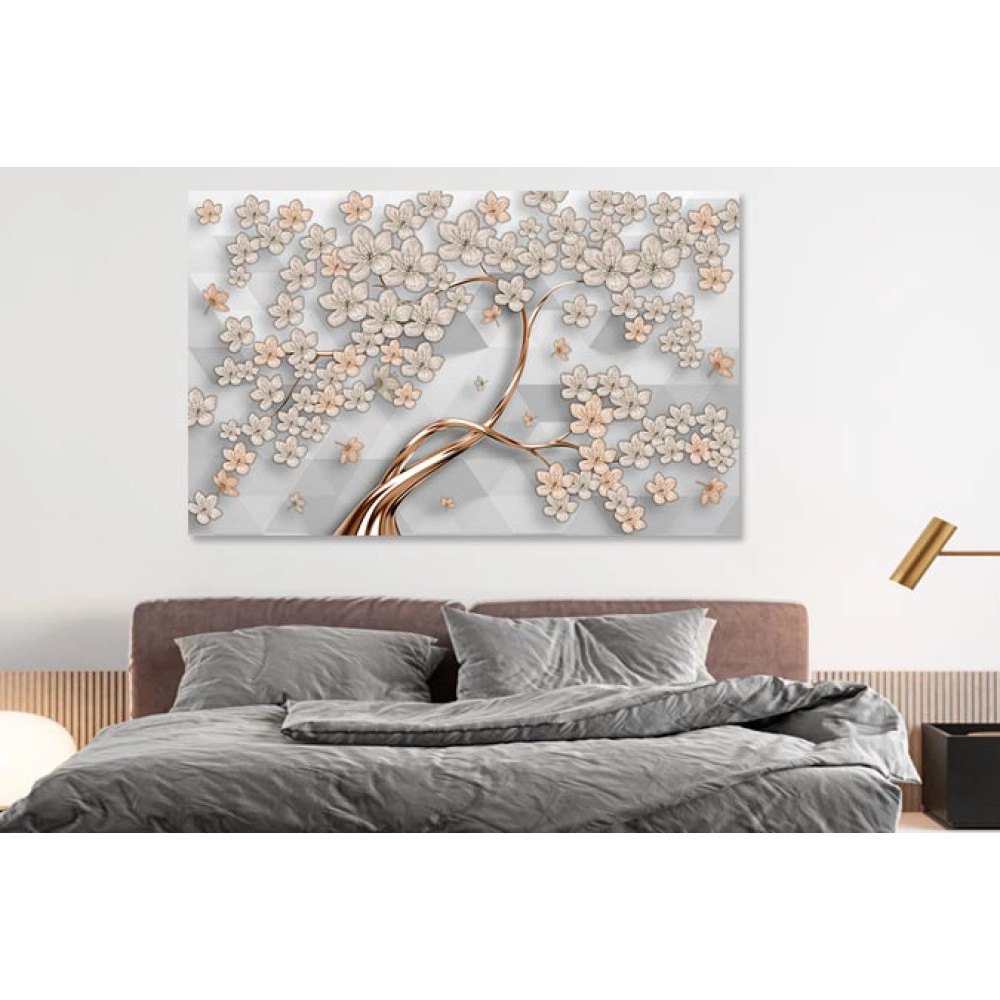 Tablou abstract copac flori gri-maro