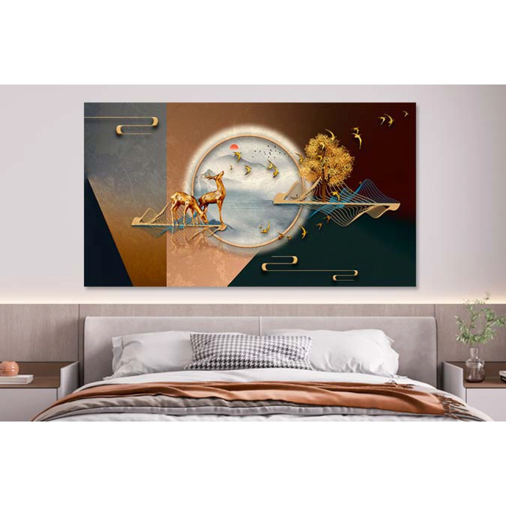 Tablou cerbi, copac auriu si glob