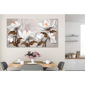 Tablou flori albe cu portocaliu si frunze