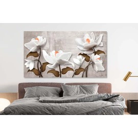 Tablou flori albe cu portocaliu si frunze
