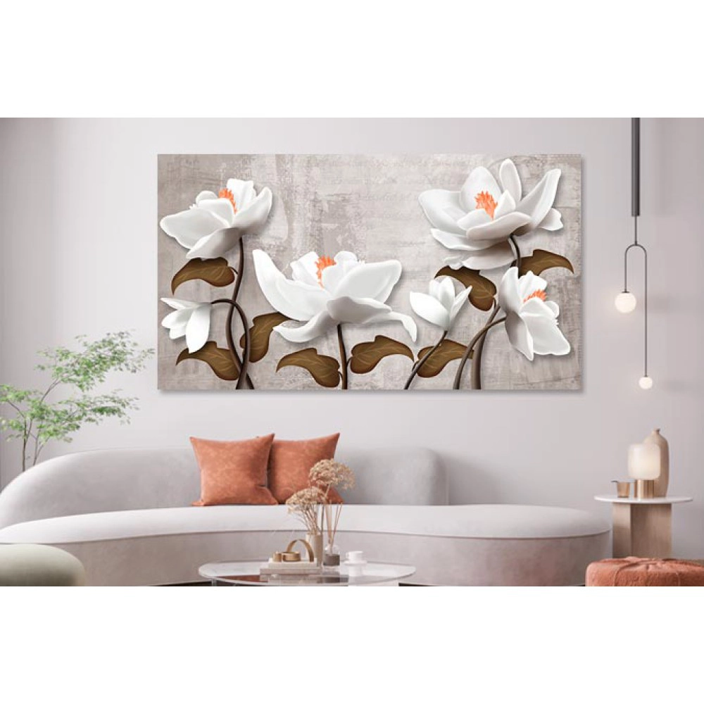 Tablou flori albe cu portocaliu si frunze