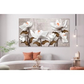 Tablou flori albe cu portocaliu si frunze