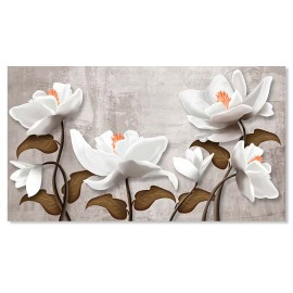 Tablou flori albe cu portocaliu si frunze