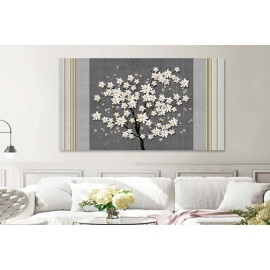 Tablou copac cu flori albe si linii aurii