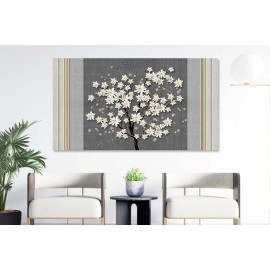 Tablou copac cu flori albe si linii aurii