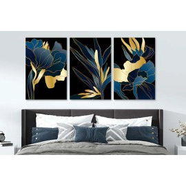 Tablouri living 3 piese auriu albastru