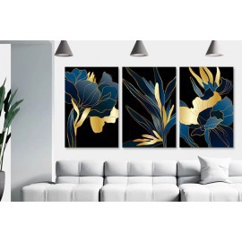 Tablouri living 3 piese auriu albastru